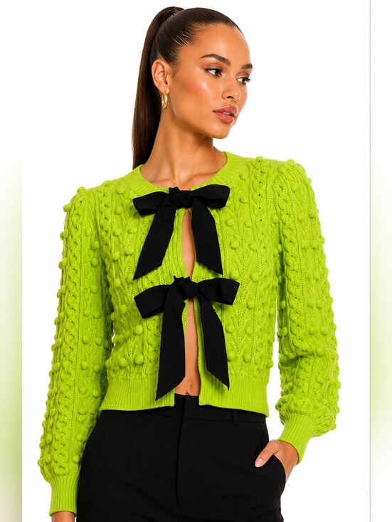 Alice + Olivia Sweaters - Alice + Olivia Lime Green Kitty Bow Puff Sleeve Cardigan M